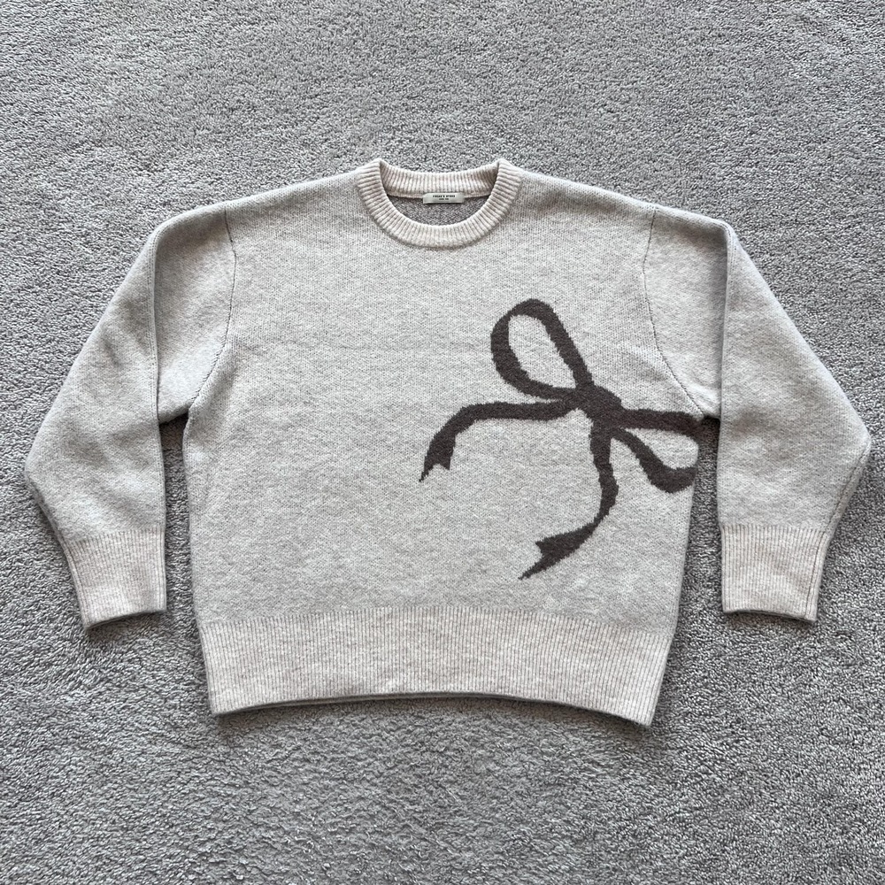 FREAK'S STORE Bow Graphic Knit Sweater Womens Size F Beige Crewneck Pullover